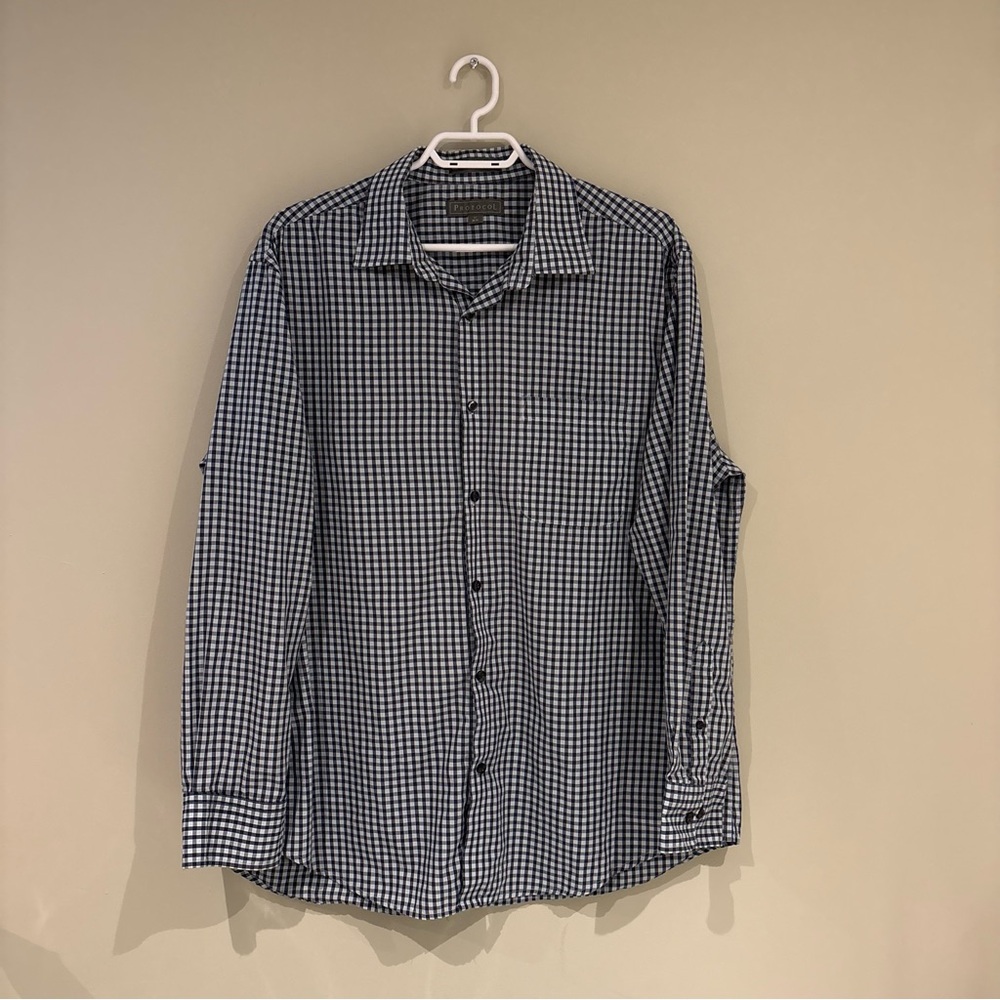 Men's Blue and White Checked Dress Shirt - Long Sleeve
